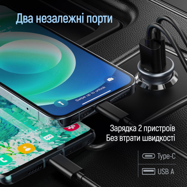 Фото - Автомобільний зарядний пристрій Colorway 2USB (Type-C PD30W + USB QC3.0 18W) (48W) Gray (CW-CHA065PD-GR)