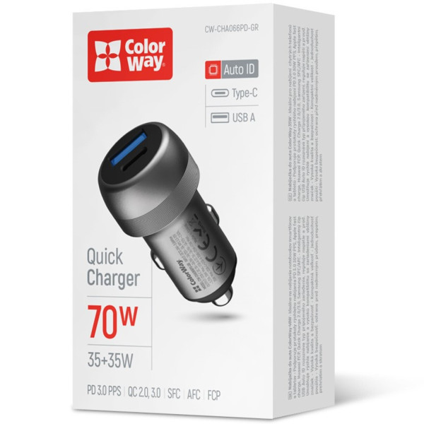 Фото - Автомобільний зарядний пристрій Colorway 2USB (Type-C PD35W + USB QC3.0 35W) (70W) Gray (CW-CHA066PD-GR)