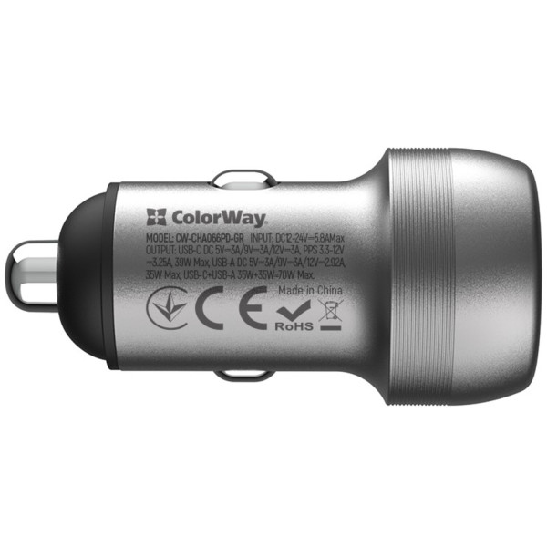 Фото - Автомобільний зарядний пристрій Colorway 2USB (Type-C PD35W + USB QC3.0 35W) (70W) Gray (CW-CHA066PD-GR)