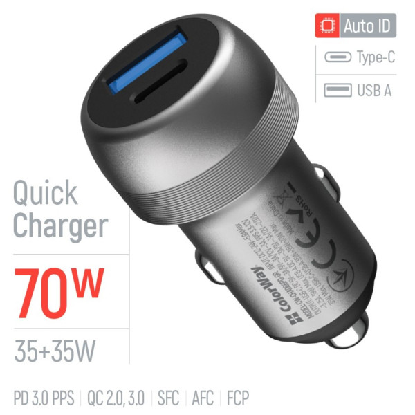 Фото - Автомобільний зарядний пристрій Colorway 2USB (Type-C PD35W + USB QC3.0 35W) (70W) Gray (CW-CHA066PD-GR)