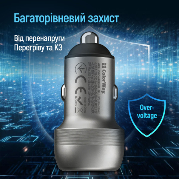 Фото - Автомобільний зарядний пристрій Colorway 2USB (Type-C PD35W + USB QC3.0 35W) (70W) Gray (CW-CHA066PD-GR)