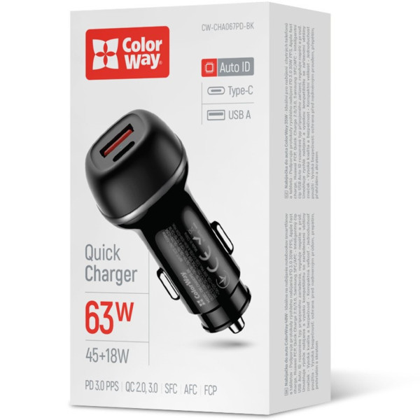 Фото - Автомобільний зарядний пристрій Colorway 2USB (Type-C PD45W + USB QC3.0 18W) (63W) Black (CW-CHA067PD-BK)