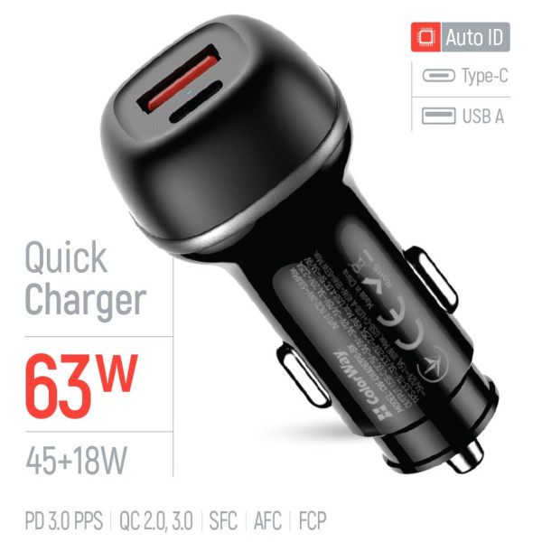 Фото - Автомобільний зарядний пристрій Colorway 2USB (Type-C PD45W + USB QC3.0 18W) (63W) Black (CW-CHA067PD-BK)