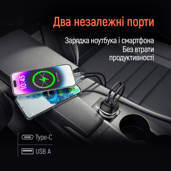 Фото - Автомобільний зарядний пристрій Colorway 2USB (Type-C PD45W + USB QC3.0 18W) (63W) Black (CW-CHA067PD-BK)