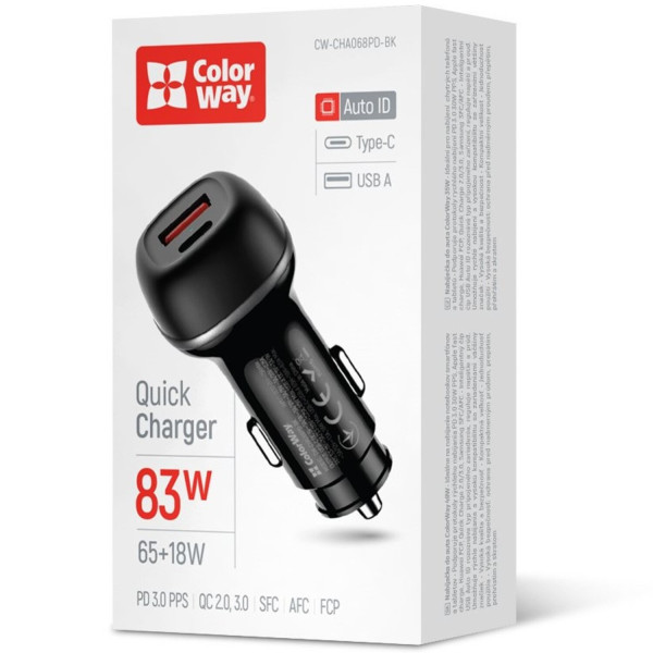 Фото - Автомобільний зарядний пристрій Colorway 2USB (Type-C PD65W + USB QC3.0 18W) (83W) Black (CW-CHA068PD-BK)