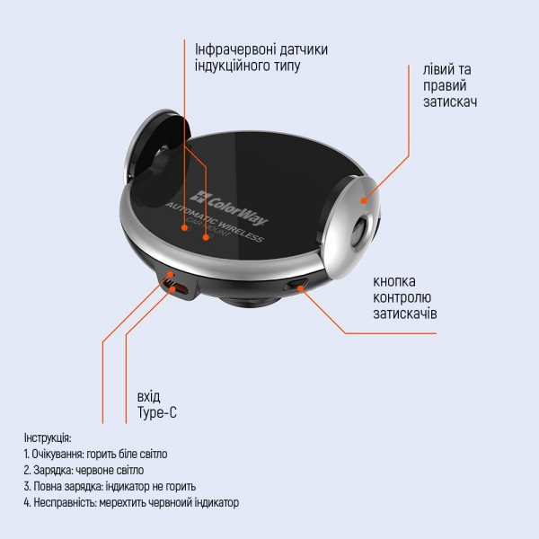 Фото - Автодержатель с беспроводной зарядкой Colorway AutoSense Car Wireless Charger 15W (CW-CHAW039Q-BK)