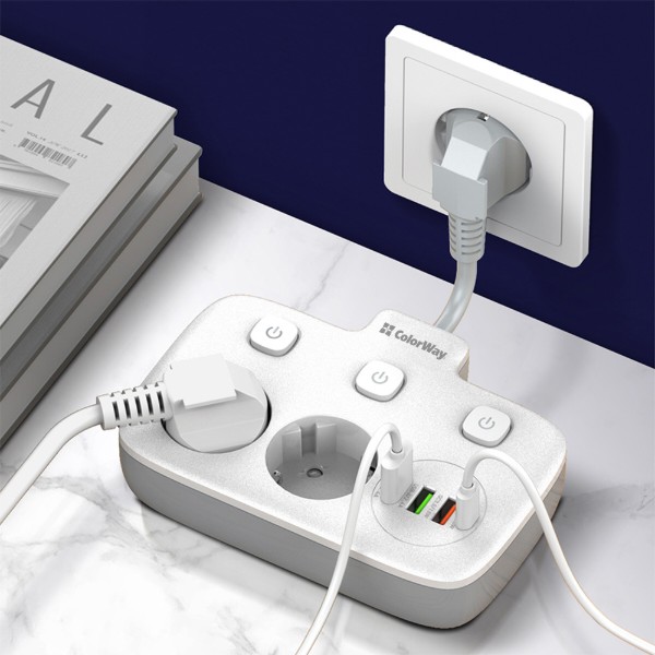Фото - Мережевий фільтр Colorway 2 розетки,3 USB-A, 1xUSB-C (CW-CHE24PDW)