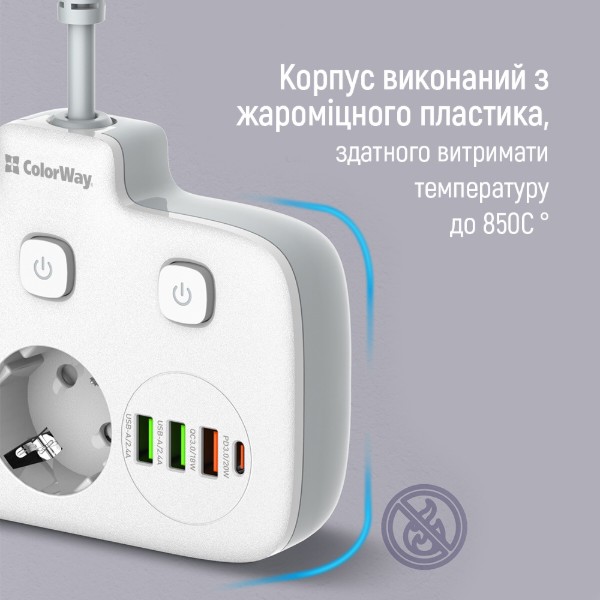 Фото - Мережевий фільтр Colorway 2 розетки,3 USB-A, 1xUSB-C (CW-CHE24PDW)