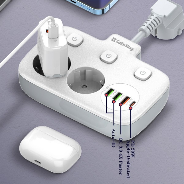Фото - Мережевий фільтр Colorway 2 розетки,3 USB-A, 1xUSB-C (CW-CHE24PDW)