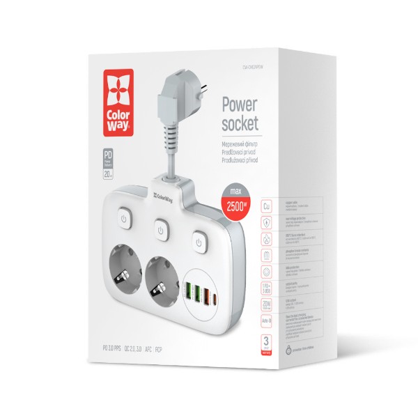 Фото - Мережевий фільтр Colorway 2 розетки,3 USB-A, 1xUSB-C (CW-CHE24PDW)