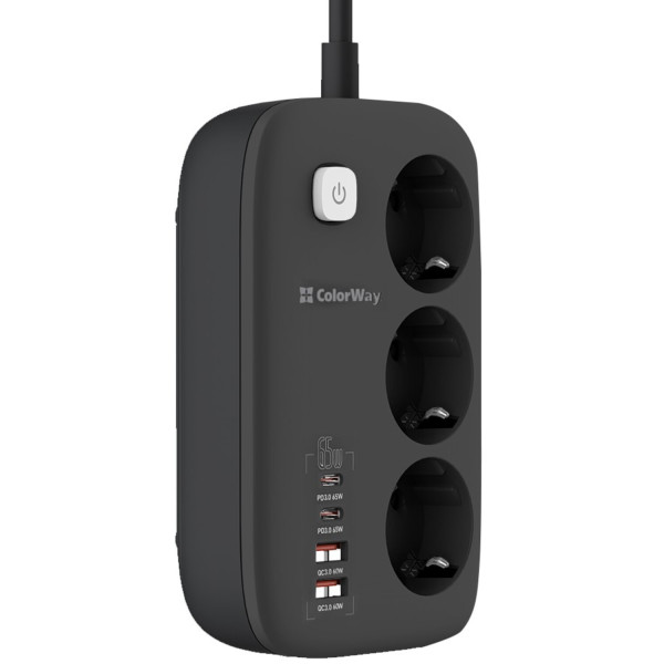 Фото - Мережевий фільтр Colorway 3 розетки/4USB GaN3 Pro PD (2USB-A + 2 TYPE-C) (65W) Black 2m (CW-CHE34PDB)