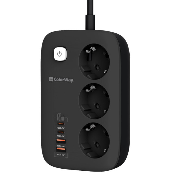 Фото - Мережевий фільтр Colorway 3 розетки/4USB GaN3 Pro PD (2USB-A + 2 TYPE-C) (65W) Black 2m (CW-CHE34PDB)
