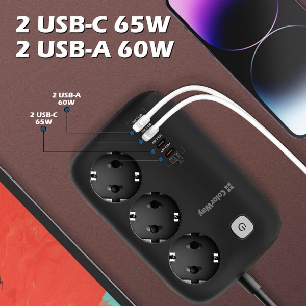 Фото - Мережевий фільтр Colorway 3 розетки/4USB GaN3 Pro PD (2USB-A + 2 TYPE-C) (65W) Black 2m (CW-CHE34PDB)