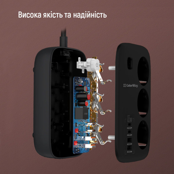 Фото - Мережевий фільтр Colorway 3 розетки/4USB GaN3 Pro PD (2USB-A + 2 TYPE-C) (65W) Black 2m (CW-CHE34PDB)
