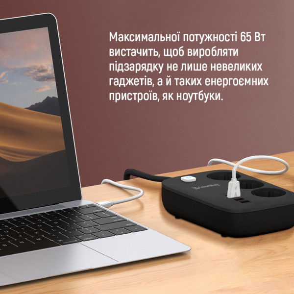 Фото - Мережевий фільтр Colorway 3 розетки/4USB GaN3 Pro PD (2USB-A + 2 TYPE-C) (65W) Black 2m (CW-CHE34PDB)