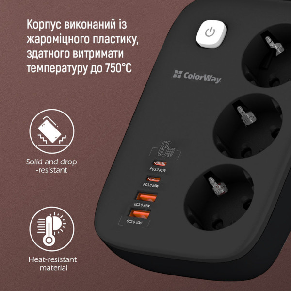 Фото - Мережевий фільтр Colorway 3 розетки/4USB GaN3 Pro PD (2USB-A + 2 TYPE-C) (65W) Black 2m (CW-CHE34PDB)