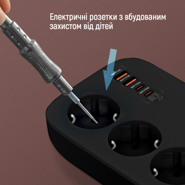 Фото - Мережевий фільтр Colorway 3 розетки/4USB GaN3 Pro PD (2USB-A + 2 TYPE-C) (65W) Black 2m (CW-CHE34PDB)