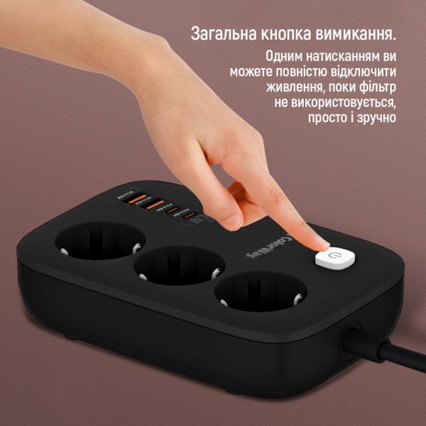 Фото - Мережевий фільтр Colorway 3 розетки/4USB GaN3 Pro PD (2USB-A + 2 TYPE-C) (65W) Black 2m (CW-CHE34PDB)