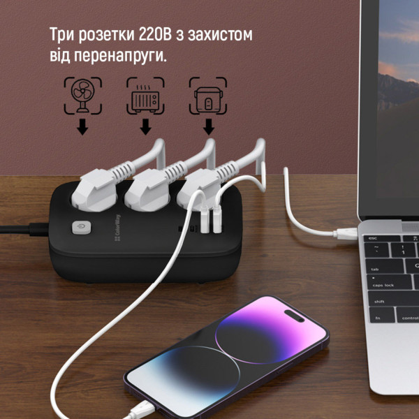 Фото - Мережевий фільтр Colorway 3 розетки/4USB GaN3 Pro PD (2USB-A + 2 TYPE-C) (65W) Black 2m (CW-CHE34PDB)