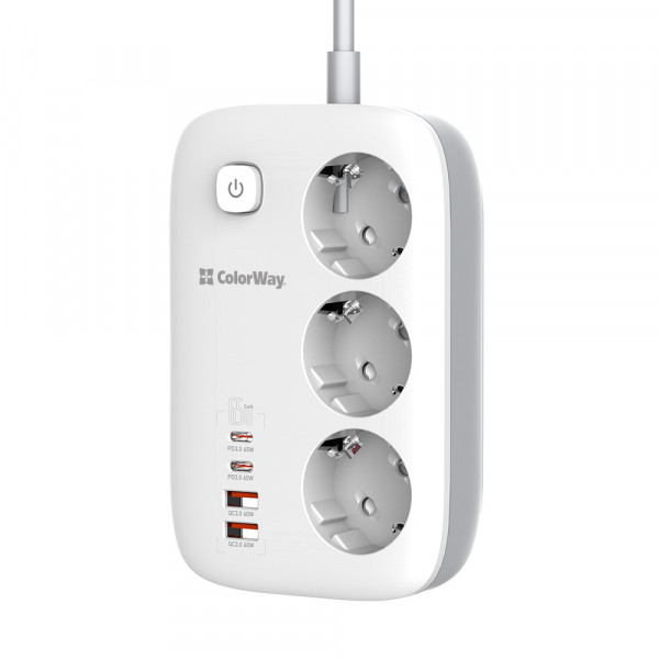 Фото - Мережевий фільтр Colorway 3 р/4USB GaN3 Pro PD (2USB-A + 2 TYPE-C) (65W) White 2м (CW-CHE34PDW)