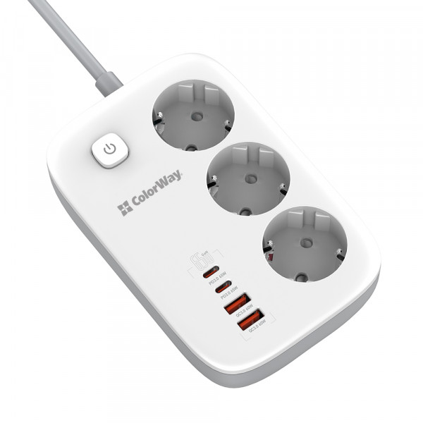 Фото - Мережевий фільтр Colorway 3 р/4USB GaN3 Pro PD (2USB-A + 2 TYPE-C) (65W) White 2м (CW-CHE34PDW)