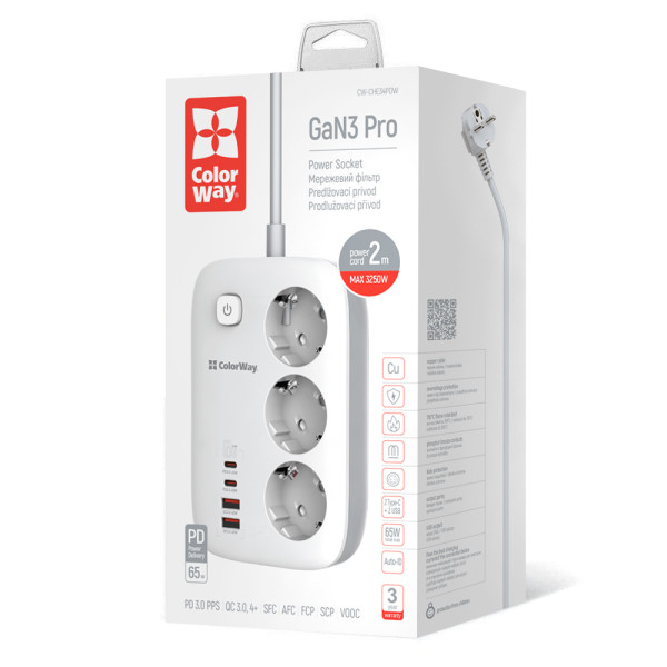 Фото - Мережевий фільтр Colorway 3 р/4USB GaN3 Pro PD (2USB-A + 2 TYPE-C) (65W) White 2м (CW-CHE34PDW)