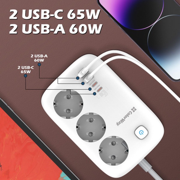 Фото - Мережевий фільтр Colorway 3 р/4USB GaN3 Pro PD (2USB-A + 2 TYPE-C) (65W) White 2м (CW-CHE34PDW)