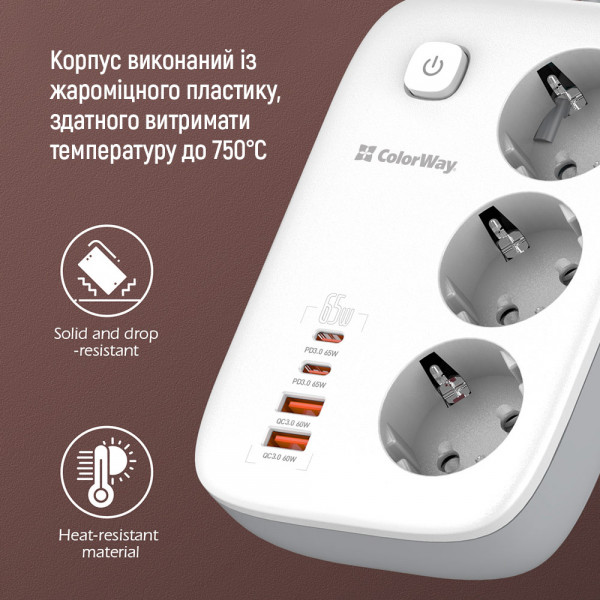 Фото - Мережевий фільтр Colorway 3 р/4USB GaN3 Pro PD (2USB-A + 2 TYPE-C) (65W) White 2м (CW-CHE34PDW)