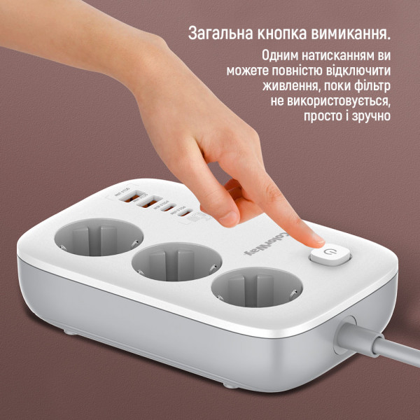 Фото - Мережевий фільтр Colorway 3 р/4USB GaN3 Pro PD (2USB-A + 2 TYPE-C) (65W) White 2м (CW-CHE34PDW)
