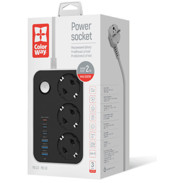 Фото - Сетевой фильтр Colorway 3 роз., 6xUSB (3xUSB-A + 3xTYPE-C) 20W Black 2m (CW-CHE36PDB)