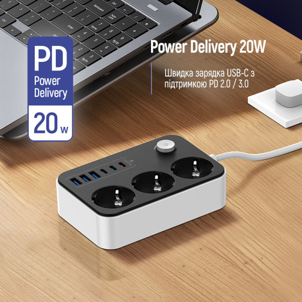 Фото - Сетевой фильтр Colorway 3 роз., 6xUSB (3xUSB-A + 3xTYPE-C) 20W Black 2m (CW-CHE36PDB)