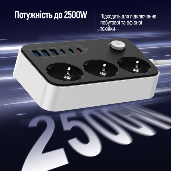 Фото - Сетевой фильтр Colorway 3 роз., 6xUSB (3xUSB-A + 3xTYPE-C) 20W Black 2m (CW-CHE36PDB)