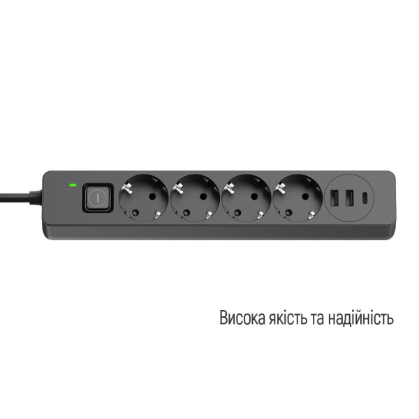 Фото - Мережевий фільтр Colorway 4 роз. 2xUSB-A + 1 Type-C Black 5m (CW-CHE435PDB)