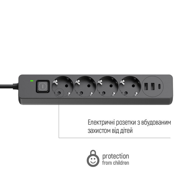Фото - Мережевий фільтр Colorway 4 роз. 2xUSB-A + 1 Type-C Black 5m (CW-CHE435PDB)