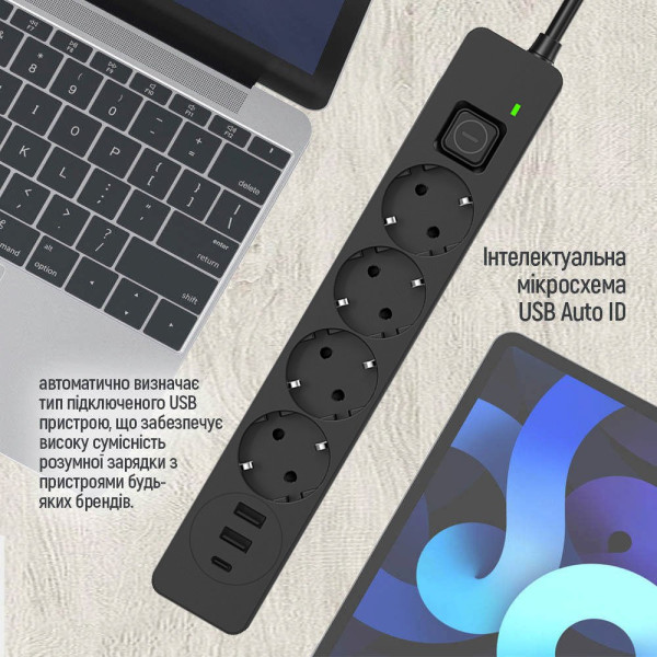 Фото - Мережевий фільтр Colorway 4 роз. 2xUSB-A + 1 Type-C Black 5m (CW-CHE435PDB)