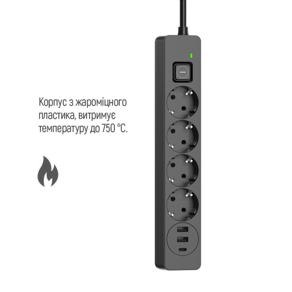 Фото - Мережевий фільтр Colorway 4 роз. 2xUSB-A + 1 Type-C Black 5m (CW-CHE435PDB)