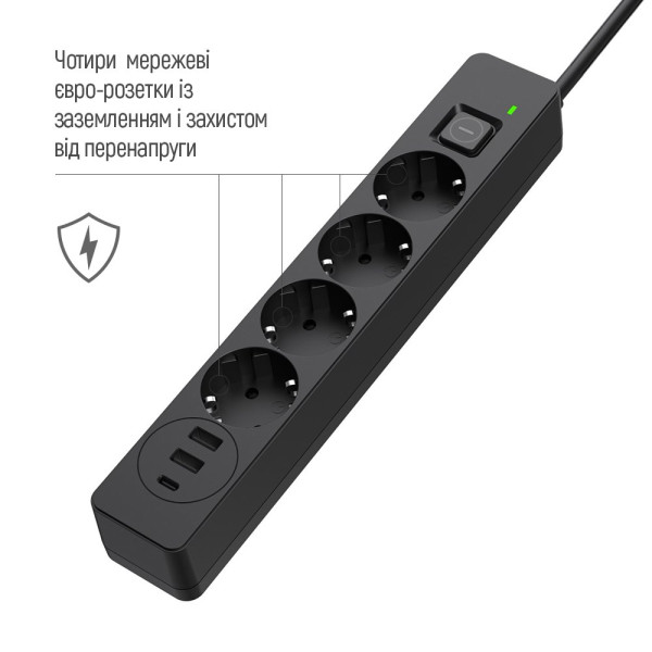 Фото - Мережевий фільтр Colorway 4 роз. 2xUSB-A + 1 Type-C Black 5m (CW-CHE435PDB)