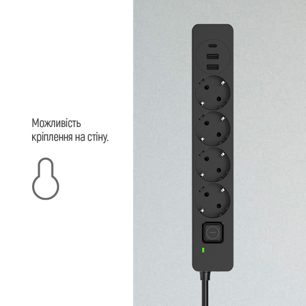Фото - Мережевий фільтр Colorway 4 роз. 2xUSB-A + 1 Type-C Black 5m (CW-CHE435PDB)