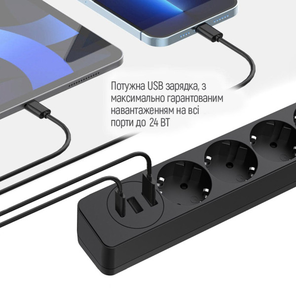 Фото - Мережевий фільтр Colorway 4 роз. 2xUSB-A + 1 Type-C Black 5m (CW-CHE435PDB)
