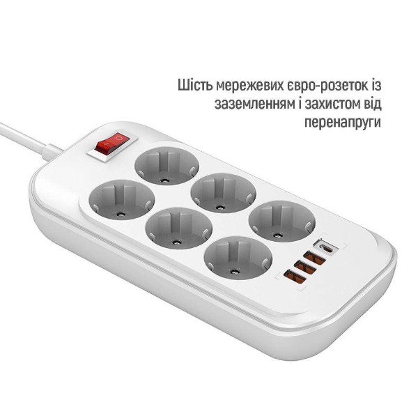 Фото - Сетевой фильтр Colorway 6 роз. Type-C PD20W + 3xUSB QC3.0 White 2m (CW-CHE64PDW)