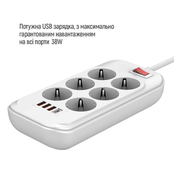 Фото - Сетевой фильтр Colorway 6 роз. Type-C PD20W + 3xUSB QC3.0 White 2m (CW-CHE64PDW)