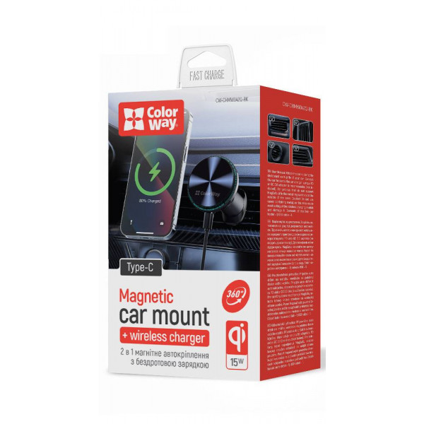 Фото - Автодержатель с беспроводной зарядкой Colorway MagSafe 360° Air Vent 15W Black (CW-CHMW042Q-BK)