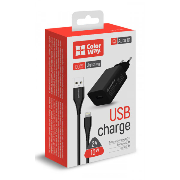 Фото - Мережевий зарядний пристрій Colorway 1USB AUTO ID 2A 10W Black+ cable Lightning (CW-CHS012CL-BK)