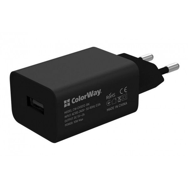Фото - Мережевий зарядний пристрій Colorway 1USB AUTO ID 2A 10W Black+ cable Lightning (CW-CHS012CL-BK)
