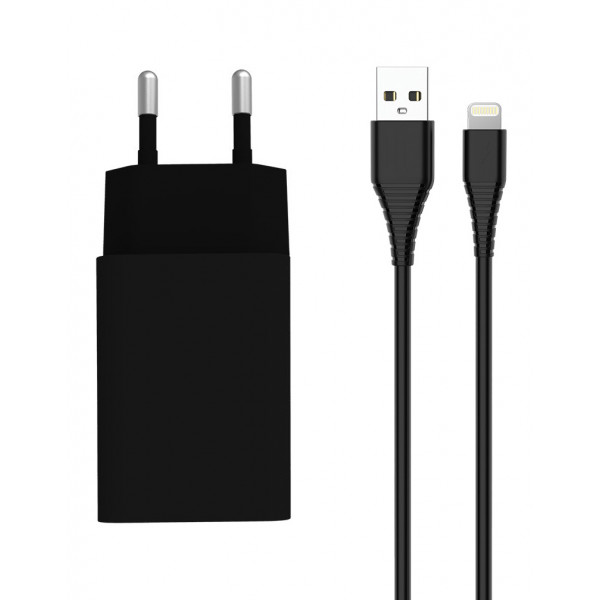 Фото - Мережевий зарядний пристрій Colorway 1USB AUTO ID 2A 10W Black+ cable Lightning (CW-CHS012CL-BK)