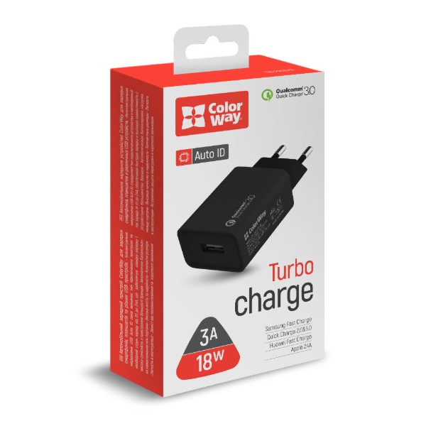 Фото - Мережевий зарядний пристрій Colorway 1USB Quick Charge 3.0 (18W) Black (CW-CHS013Q-BK)
