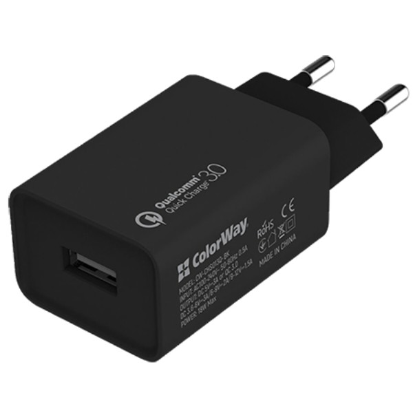 Фото - Мережевий зарядний пристрій Colorway 1USB Quick Charge 3.0 (18W) Black (CW-CHS013Q-BK)