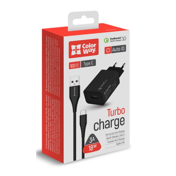 Фото - Сетевое зарядное устройство Colorway 1USB Quick Charge 3.0 18W Black+ cable Type C (CW-CHS013QCC-BK)
