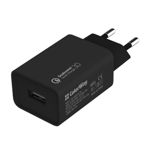 Фото - Сетевое зарядное устройство Colorway 1USB Quick Charge 3.0 18W Black+ cable Type C (CW-CHS013QCC-BK)