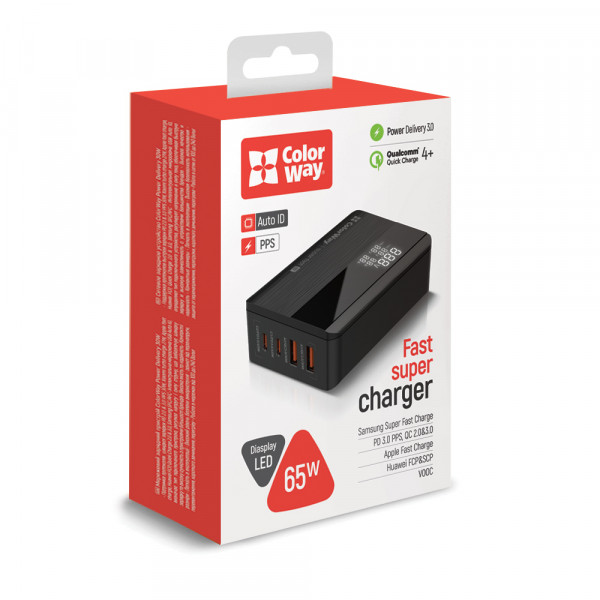 Фото - Мережевий зарядний пристрій Colorway Power Delivery (2USB-A + 2USB TYPE-C) (65W) Black (CW-CHS040PD-BK)